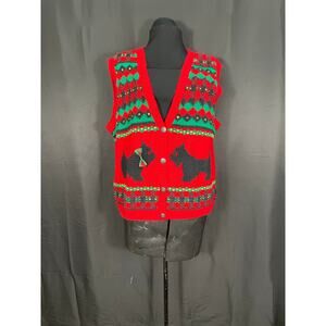 Vintage Red Christmas Sweater Vest, Black Scottish Terriers , Plaid Fair & Isle